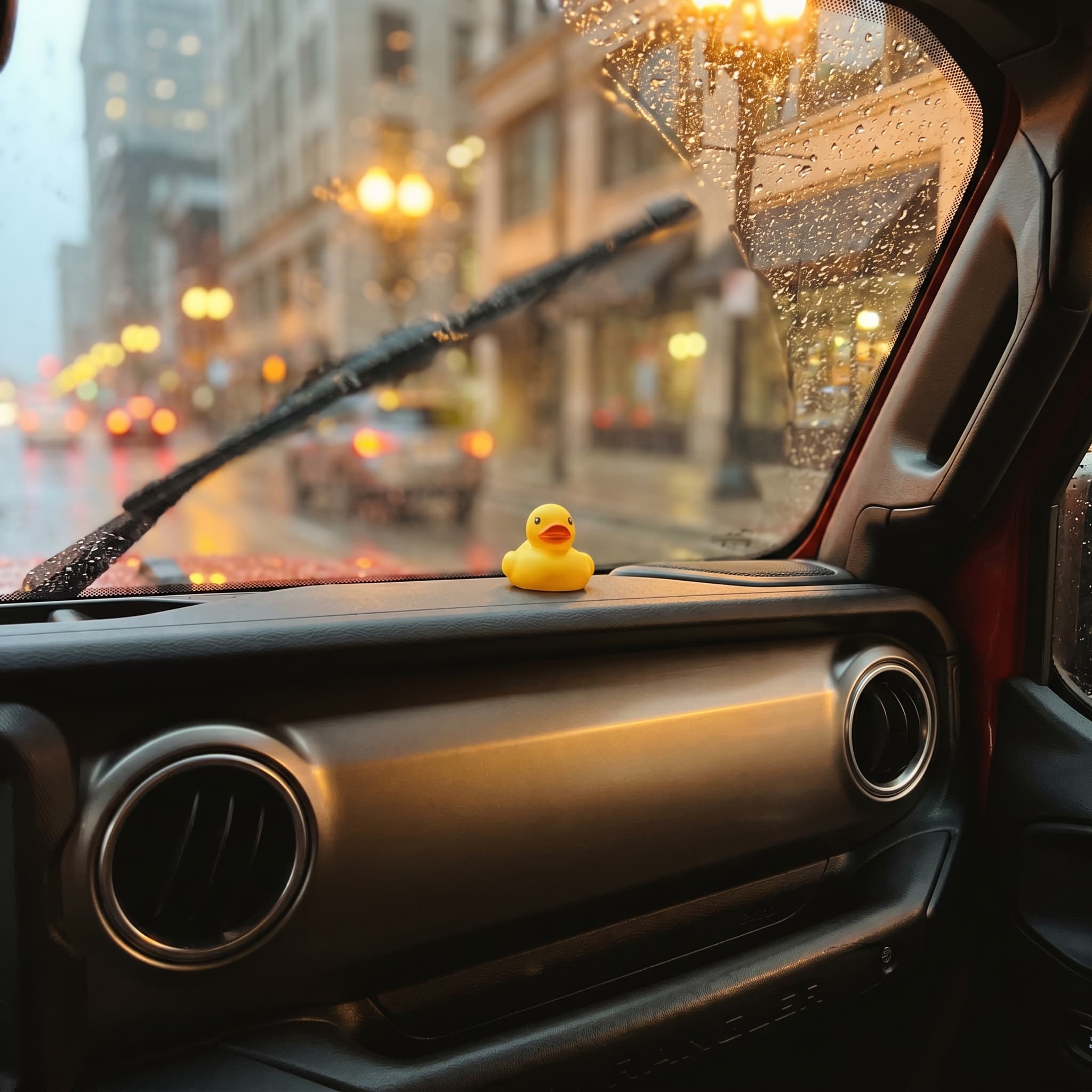 Rainy day. Duck still smiling.
